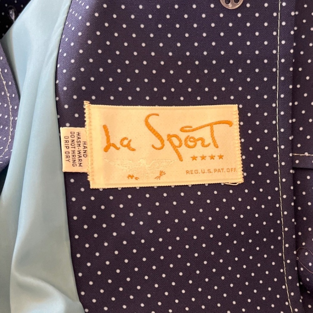 Vintage La Sport Navy Blue Polka Dot Trench Coat Belted Longline Jacket Size 14 - Picture 4 of 16